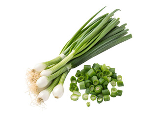 Obraz premium Chopped spring onions on white transparent background PNG cutout for mockup template, perfect for artwork and graphic design projects