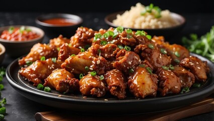 A close-up view of a black rectangular plate filled with crispy,