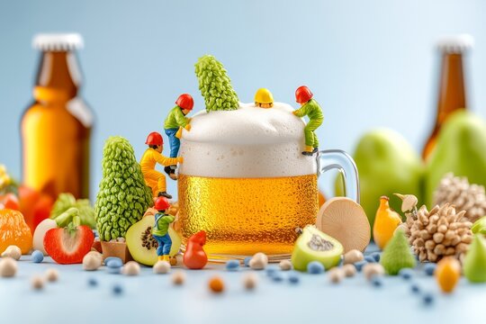 Trabajadores diminutos trepando una jarra de cerveza espumosa rodeados de frutas y botellas