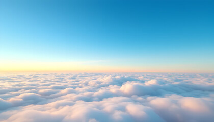 A breathtaking view of a sunrise high above the clouds, where the first golden rays illuminate the sky in a soft, dreamy glow.