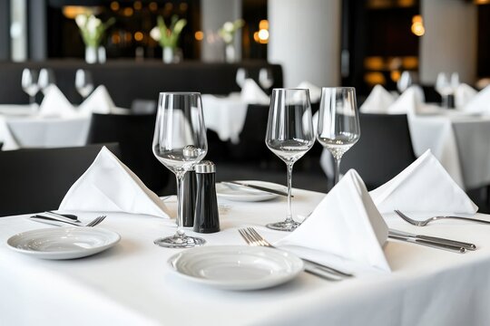 Elegant Table Setting with Wine Glasses and White Linen in Fine Dining Restaurant Ambience Clean Style