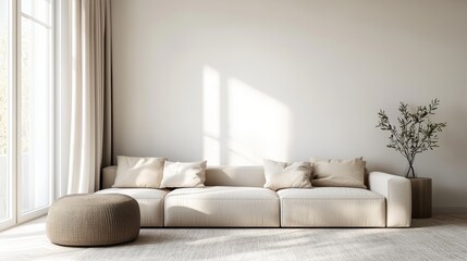 Naklejka premium Serene living room interior with comfortable beige sofa soft pillows light curtains and olive branch vase creating minimal and warm atmosphere