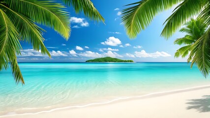 Obraz premium Tropical paradise beach with palm trees meets blue ocean