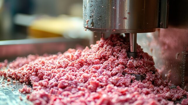 Ground meat being processed in a machine.  Freshly ground beef in a pile, being processed by a meat grinder