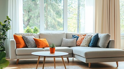 Fototapeta premium Cozy living room design featuring a neutral sofa colorful pillows round table and a bright window