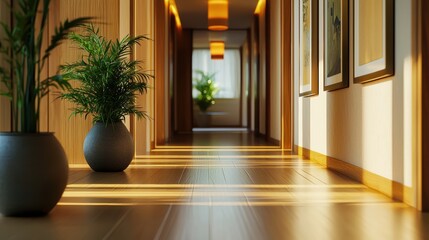 Fototapeta premium Sunlit hallway with potted plants and artistic prints offering a serene architectural perspective for interior design