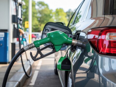 Car being refueled with diesel fuel at a service station during daytime in a busy area