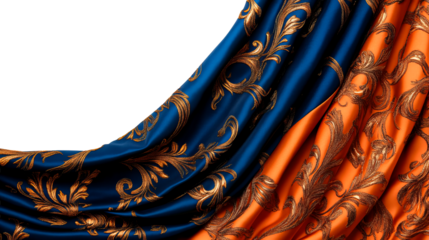 Luxurious blue orange fabric with gold pattern, cut out transparent