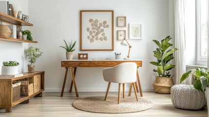 Bright and serene home office setup with rustic wooden desk potted plants and minimalist decor for focused work