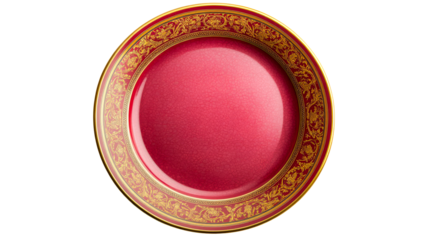 Elegant red plate with gold rim design, cut out transparent
