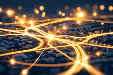 Mapa digital con rutas sobrepuestas y grafismo de conexiones urbanas en una ciudad iluminada