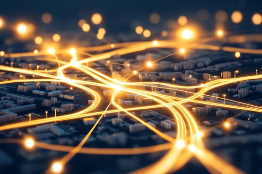 Mapa digital con rutas sobrepuestas y grafismo de conexiones urbanas en una ciudad iluminada