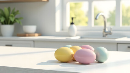 Pastel Easter eggs arranged on sunlit kitchen counter with white interior, festive spring decor for Easter celebration concept