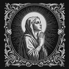 Fototapeta premium Prayer of Devotion: A black-and-white artwork showcases a reverent portrayal of a religious figure, immersed in prayer, enclosed within an ornate, historical frame. It evokes serenity, faith.