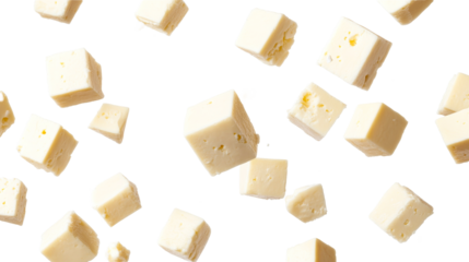 Cubes of paneer cheese floating in air, cut out transparent