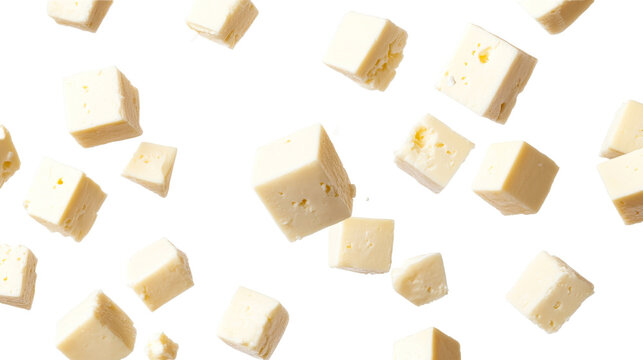 Cubes of paneer cheese floating in air, cut out transparent
