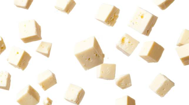 Cubes of paneer cheese floating in air, cut out transparent
