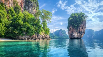 Obraz premium Exploring Thailand's Stunning Limestone Islands with Turquoise Sea and Lush Vegetation