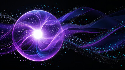 Purple energy sphere emitting light waves and particles on black background