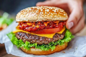 Hombre recogiendo una hamburguesa fresca en un supermercado a mediodía, listo para disfrutar de una comida deliciosa