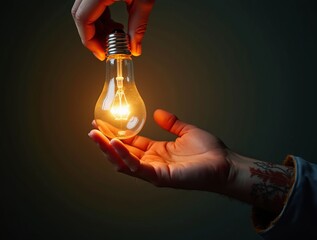 Close-Up of Hands Grasping an Illuminated Light Bulb Against a Moody Dark Backdrop, Evoking Themes of Innovation, Creativity, and the Spark of Ideas in a Minimalist Artistic Style