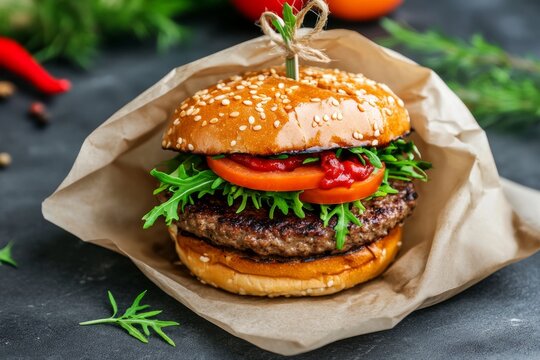 Hombre recoge una hamburguesa en el supermercado mientras disfruta de una compra conveniente y r&aacute;pida