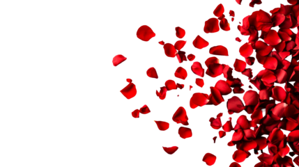 Falling Red Rose Petals on Black Background, cut out transparent