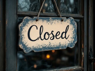 Rustic vintage-style "Closed" sign suspended on a weathered glass door, capturing the charm and quaint atmosphere of a cozy establishment in a serene settingsample.jpeg