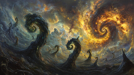Obraz premium Dramatic scene of a group of people battling against a stormy environment capturing the essence of nebulous forms in an ever-shifting void.