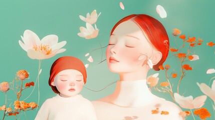 Watercolor Mother and child embrace in colorful nature digital art whimsical bright heartwarming concept