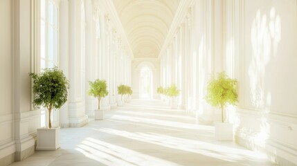 Sunlight Streaming Through Columns in Elegant White Hallway Creates a Serene and Luxurious Ambiance