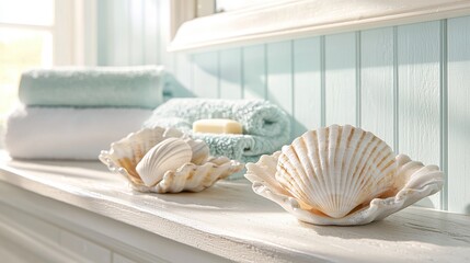 Coastal bathroom design with seashell dishes soft towels and spa soap serene color palette