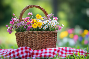 Basket full of flowers on picnic table: colorful blooms spilling out, set against lush greenery, creating a vibrant and cheerful outdoor scene.