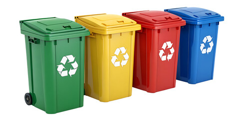 A row of colorful recycling bins with the recycle symbol on them against a black background image