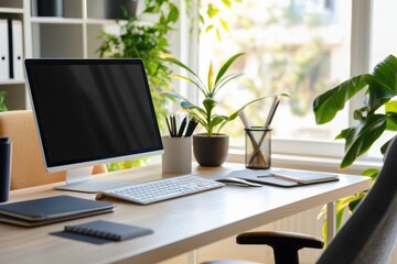 Fototapeta premium Modern home office setup showcasing a desktop computer keyboard and lush green plants on a wooden desk