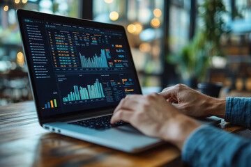 Man analyzing bar chart on laptop screen.