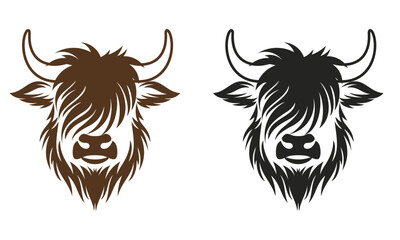 Head of highland cattle cow illustration hand drawn symbol icon logo vector. Farm logo
