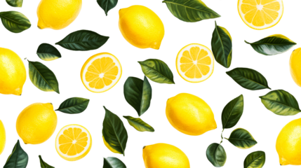 Lemons and leaves pattern on black background, cut out transparent