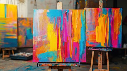 Artistic vibrant studio space colorful abstract expressionism paintings showcasing creative expression on easels modern artistic approach
