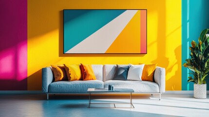 Stylish Living Room with Colorful Geometric Art Bright Sofa and Plant Creating a Modern Interior Design Look