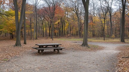 Autumn park picnic table trail leaves