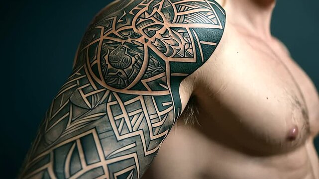 A close-up of a muscular forearm showcasing an intricate black-and-gray sleeve tattoo of geometric patterns and mythical creatures, with soft lighting highlighting the inked detail