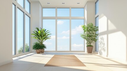 Bright Interior with Floor Rug and Plants Near Glass Windows in a Modern Home Design Setting