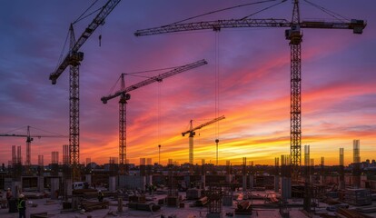 Construction site with cranes and workers during sunset in a city. Represents urban development and collaboration.