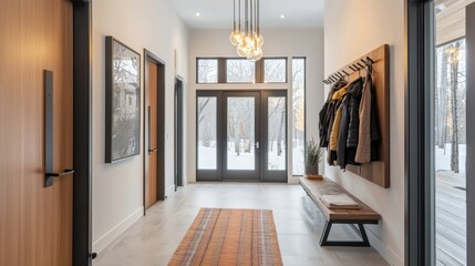 Fototapeta premium Modern entryway with dark framed door bench and coat rack in a winter wonderland scenery bringing nature into a warm indoor space