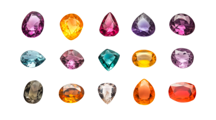 Assorted gemstones, colorful jewels, jewelry stones, faceted gems, cut out transparent