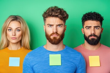 Three individuals with colorful sticky notes on shirts