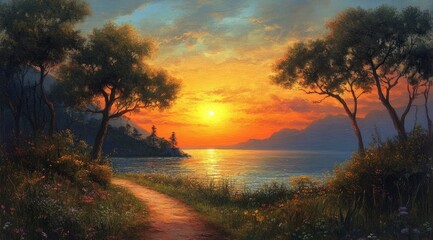 Scenic Lake Path at Sunset with Trees and Mountain View