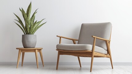 Interior Decor Serene Minimalism Grey Chair Snake Plant Table Against Neutral Wall Artistic Aesthetic