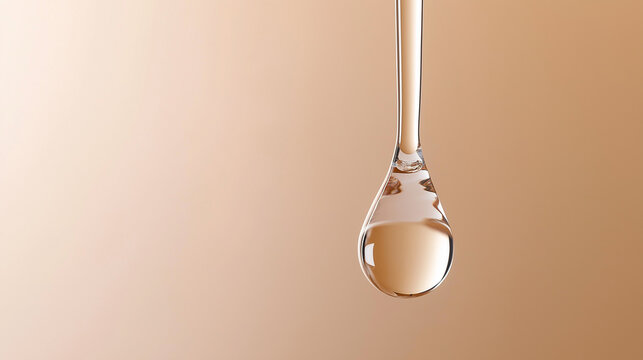 A single drop of transparent serum hangs from a glass dropper against a warm beige background, symbolizing purity and skincare.
